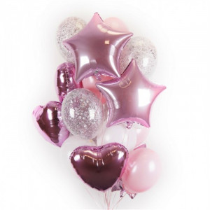 Фонтан шариков с фольгированными сердцами и звездами розового цвета